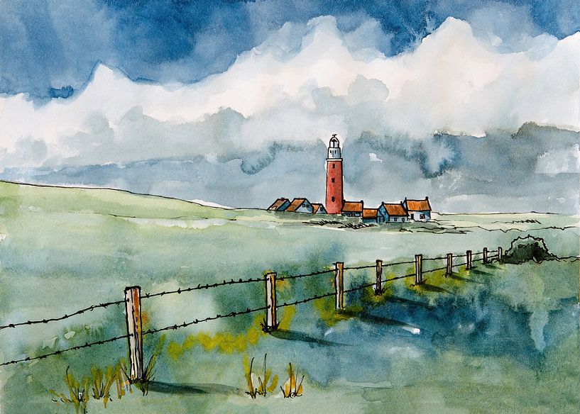 Eierland-Leuchtturm in den Dünen von Texel | Handgemachte Aquarellmalerei von WatercolorWall