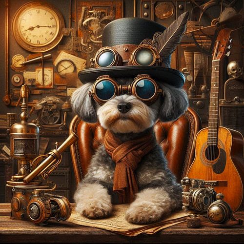 Hond met bril en hoed en gitaar