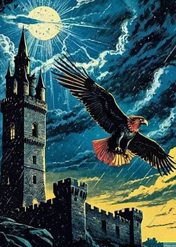 Adelaar vliegt over kasteel bij nacht van MIROKKU