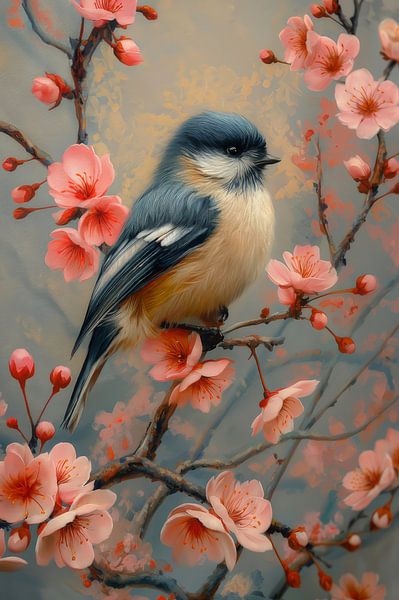 Gloire du printemps - Petit oiseau au milieu de branches fleuries par Eva Lee