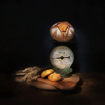 Still life with antique scales corn and bread