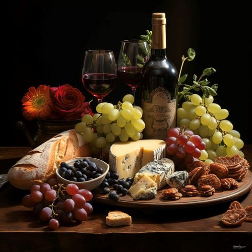 stilleven van wijn, kaas en brood