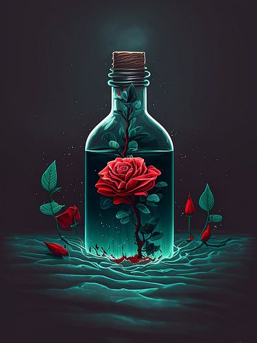 Une rose rouge dans une bouteille