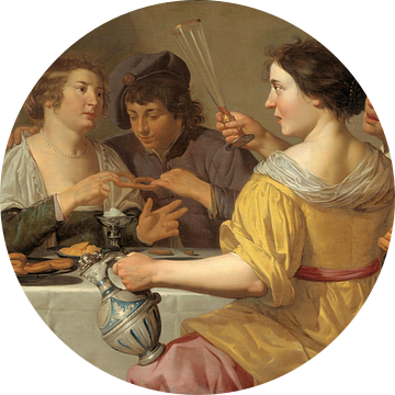 Jan van Bijlert, Vrolijk viertal, krakelingen etend, Het trekken aan de krakeling - 1630s van Atelier Liesjes