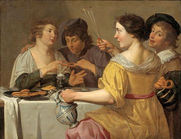 Jan van Bijlert, Quatuor joyeux, mangeant des bretzels, Tirer le bretzel - années 1630 sur Atelier Liesjes