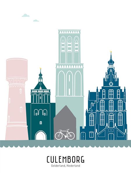 Skyline illustration city of Culemborg in color by Mevrouw Emmer