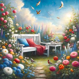 Jardin avec fleurs et oiseaux