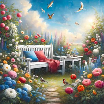 Tuin met bloemen en vogels