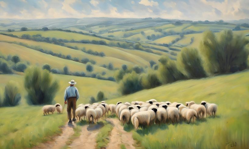 Shepherd with flock in the French hills by Kees van den Burg