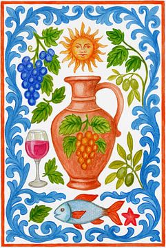 Traditional Portuguese Folk Motif - Sun, Grapes, and Ocean Blue