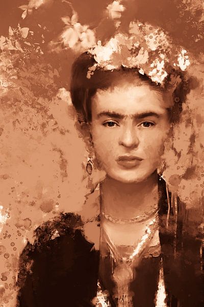 portret van Frida Kahlo in sepia terracotta - krachtig en rustig van MadameRuiz