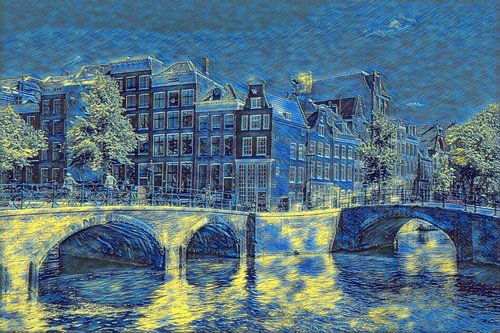 Cityscape of Amsterdam the Netherlands in the style of an oil painting by Vincent van Gogh