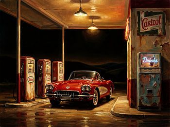 Chevrolet Corvette C1 à une station-service vintage