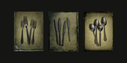 Collage met vorken, messen en lepels op donkere achtergrond