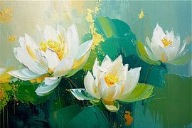 Moderne abstrakte Malerei von 3 Seerosen auf Teich von Studio Pieternel