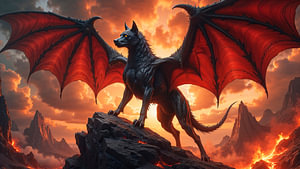 Fantasy Décoration Murale: VARGHENYX - Le chien infernal ailé au lever du soleil