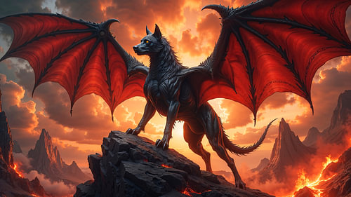 Fantasy Art Wandbild: VARGHENYX - Der geflügelte Höllenhund bei Sonnenaufgang