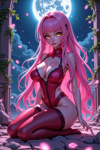 VELORIA - Sexy anime meisje in rood lingerie bij maanlicht