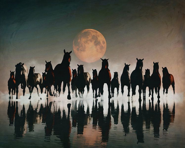 Kudde paarden in de avond aan zee par Jan Keteleer