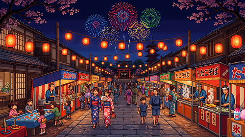 Japanese Summer Festival Street with Lanterns and Fireworks – Pixel Art