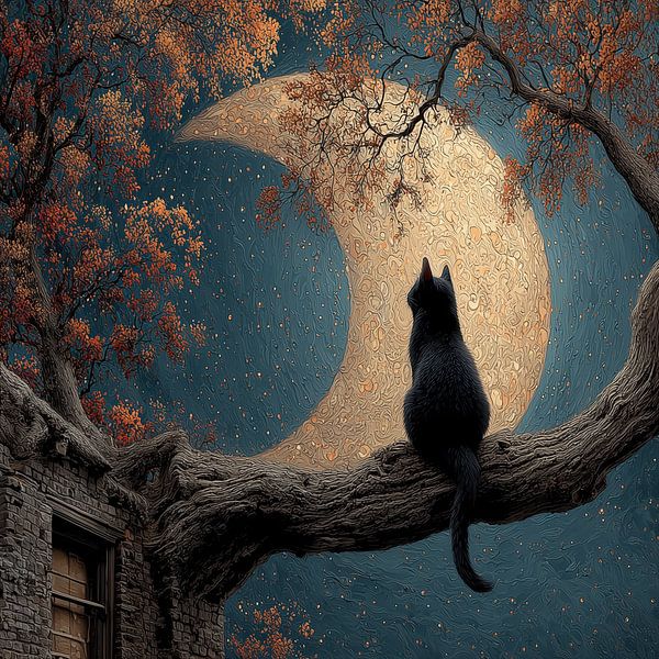 Black Cat Guardian of the Night - Crescent Glow by Erika Kaisersot