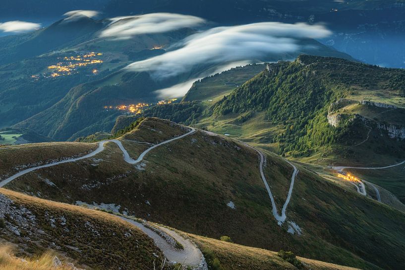 Road to Monte Baldo and Monte Altissimo at Lake Garda with fog. In the morning at sunrise by Daniel Pahmeier
