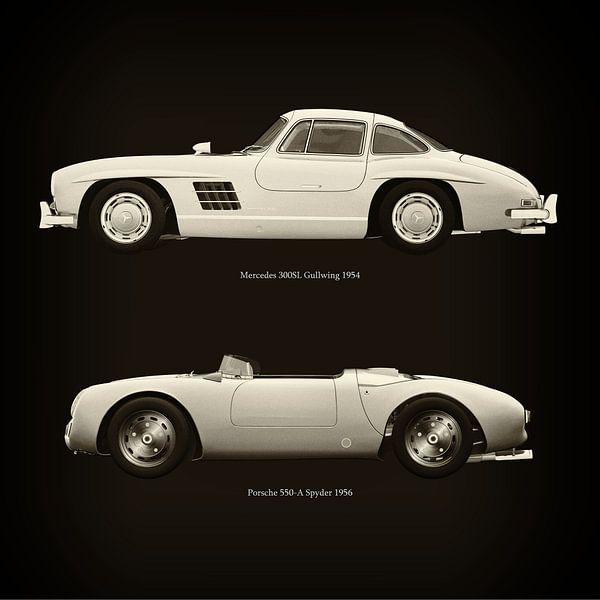 Mercedes 300SL Gullwing 1954 en Porsche 550-A Spyder 1956 van Jan Keteleer