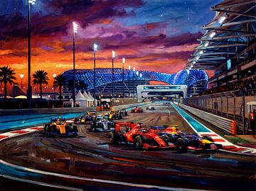 Peinture représentant la course nocturne de Formule 1 sur le circuit de Yas Marina