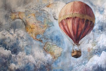 Heißluftballon und Weltkarte - Traumreise-Malerei von Peter Pen Zeichnungen und Gemälde