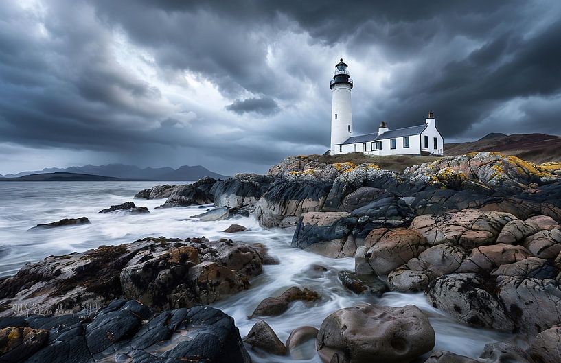 Bewolkte bui boven de vuurtoren van fernlichtsicht