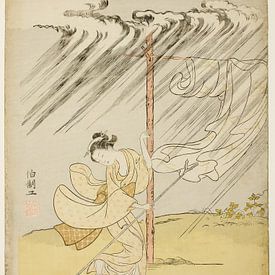 Suzuki Harunobu - A Young Woman in a Summer Shower by Peter Balan