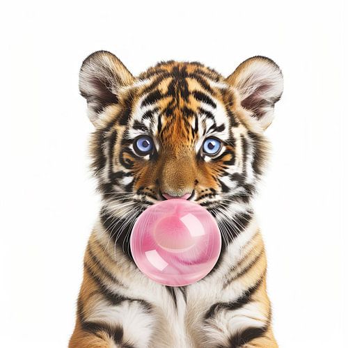 Tiger cub with chewing gum bubble