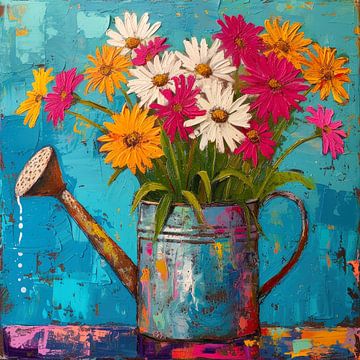 Sunny Watering Can with Happy Flowers by Vlindertuin Art