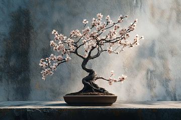 Bonsai boom fotografie amandelbloesem stilleven van Digitale Schilderijen