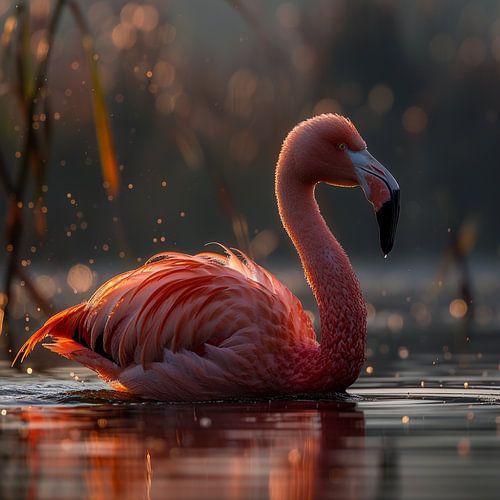 Un flamant rose nageant dans une eau baignée de soleil