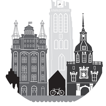 Skyline illustratie stad Dordrecht zwart-wit-grijs van Mevrouw Emmer