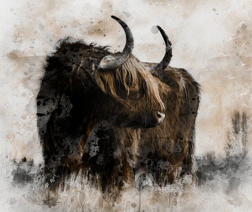 Schottischer Highlander in der Ebene, aquarelliert in Braun, Grau, Karamell, Taupe und Weiß
