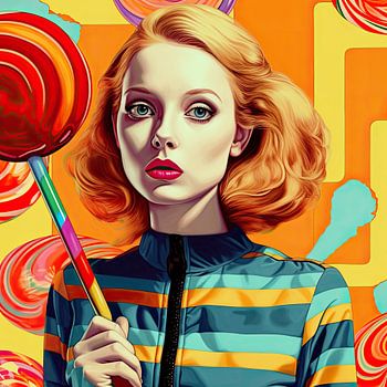 Pop art portrait young woman with lollipop