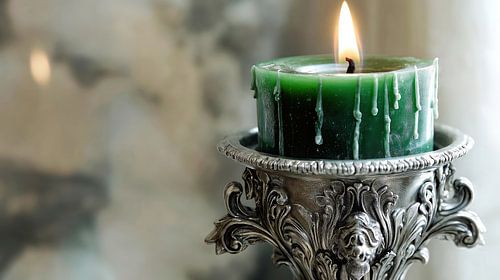 Brandende groene kaars op zilveren kandelaar
