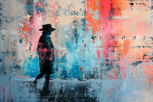 abstract schilderij, blauw, oranje, zwart en roze