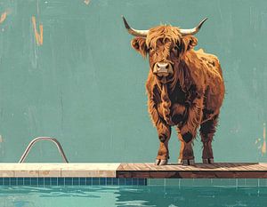 Schottische Hochlandkuh am Pool 4 von 4