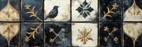 Luxury black and gold tiles with bird motifs panorama by Digitale Schilderijen thumbnail