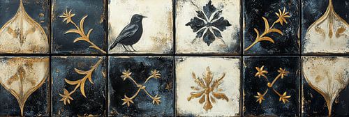 Luxe zwarte en gouden tegels met vogelmotieven panorama
