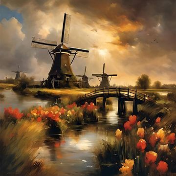 Landscape of tulips and windmills by Gert-Jan Siesling