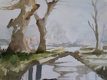 Ruisseau dans le polder avec des arbres en arrière-plan. sur Jose Leeuwis