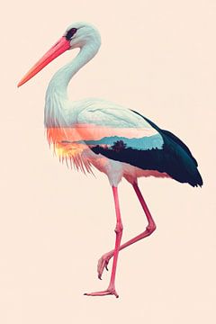 Ooievaar met zonsondergang van Poster Art Shop