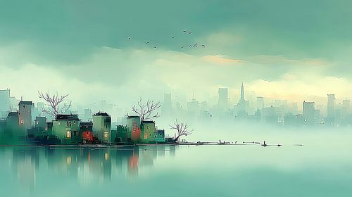 Abstract skyline big city at sunset