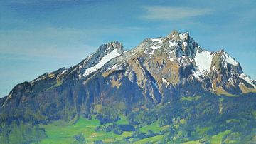 Idyllische Berglandschaft Verschneite Gipfel unter blauem Himmel Grüne Wiese und Wald - Digital Art von Dicky