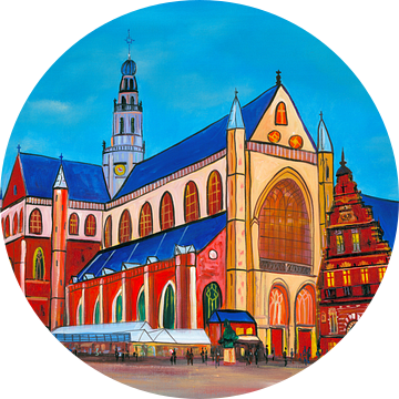 Schilderij Haarlem Grote Markt met Grote Kerk (St. Bavokerk) van Kunst Kriebels