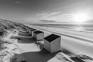 Plage de Domburg avec les maisons de plage (noir et blanc)